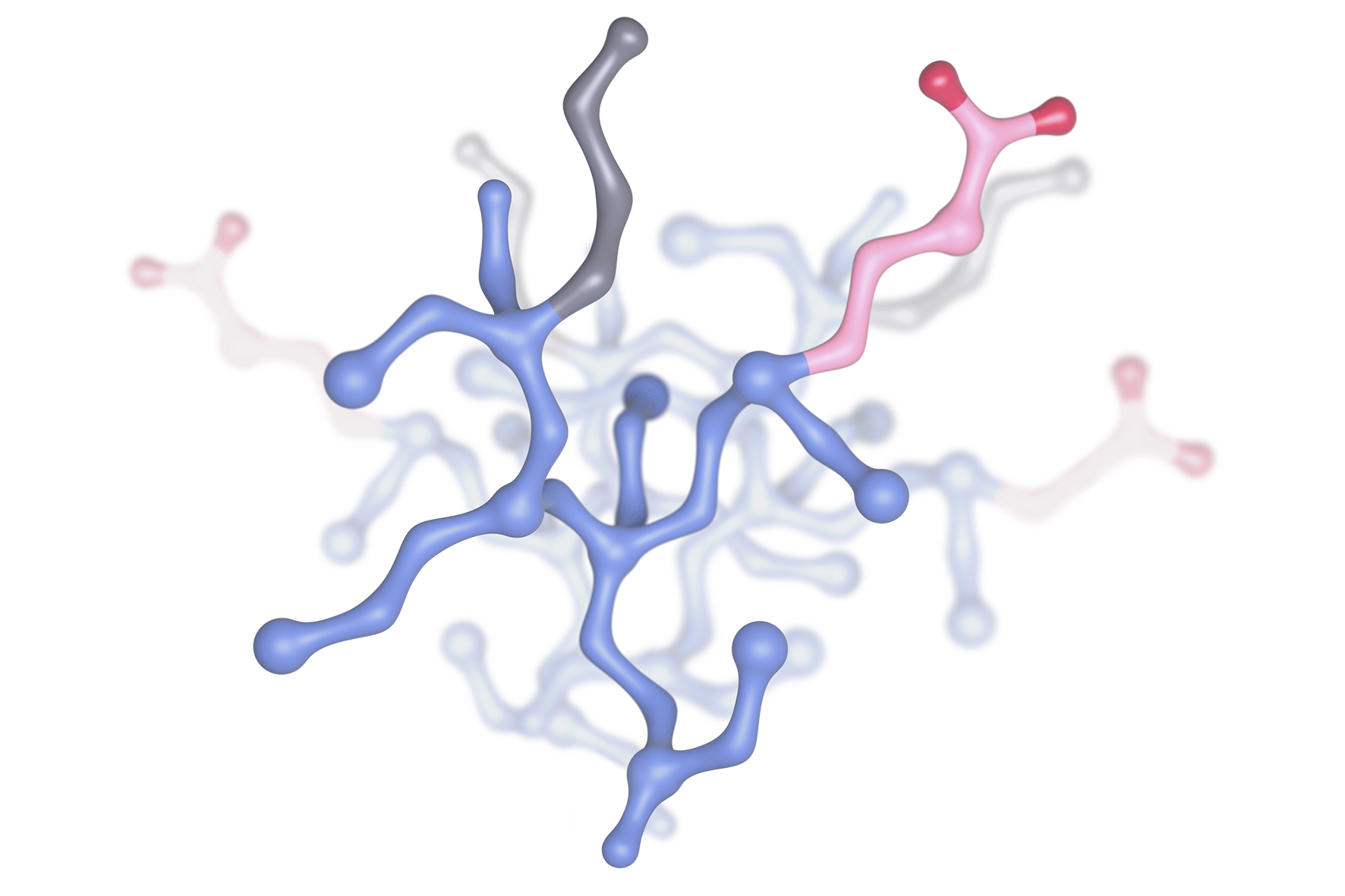 Zentrales Strukturelement eines Viromers (blau: Bindungsstelle für die zu transportierende Nukleinsäure, grau: Alkylketten für die Membrangängigkeit, rot: Carboxylreste sichern die Löslichkeit der Struktur und fungieren als pH-Sensor)