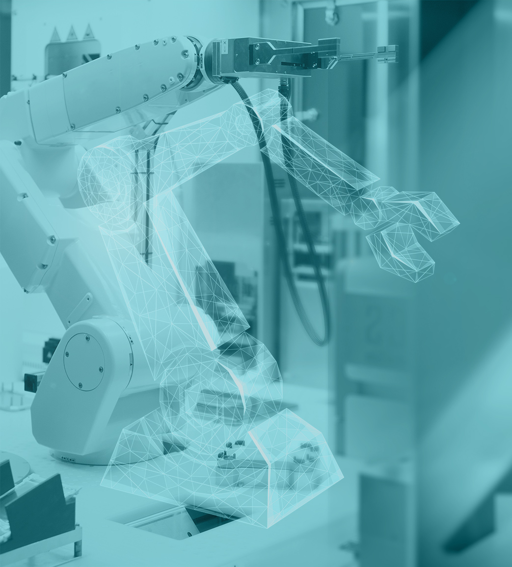 Roboterarm mit schematisch dargestelltem digitalem Zwilling