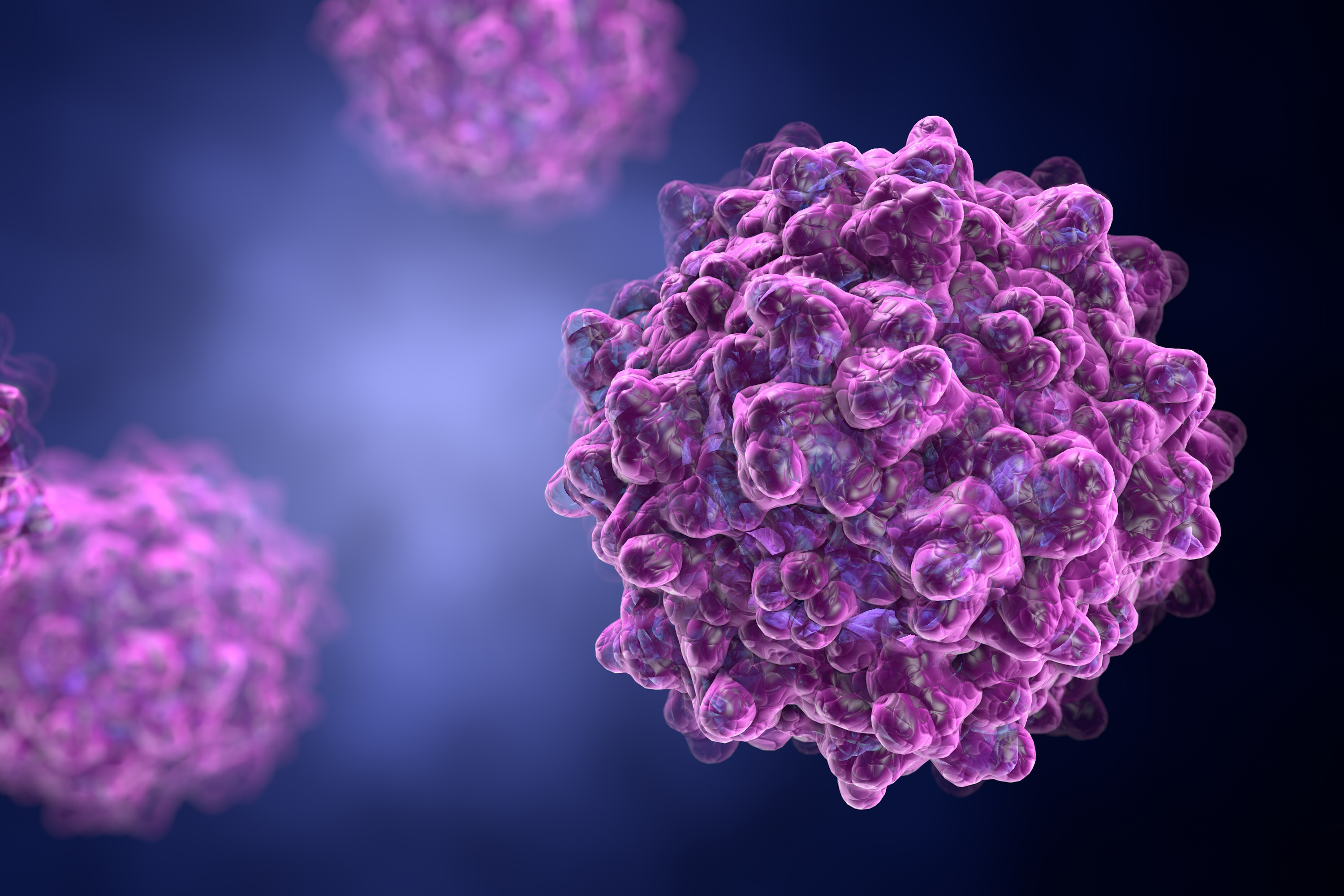 Background with viruses. Adeno-associated virus serotype 1. Virus is used as a vector for gene therapy. A model is built using data of viral macromolecular structure from Protein Data Bank (PDB 3NG9)