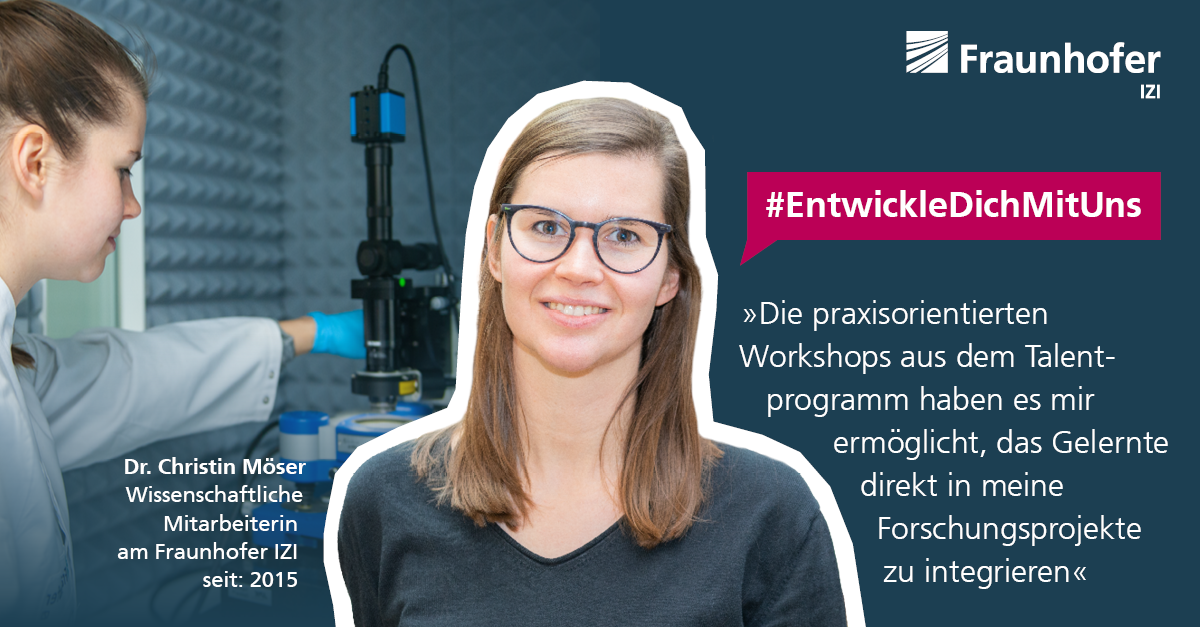 Christin Möser im Porträt und bei der Arbeit im Fraunhofer IZI