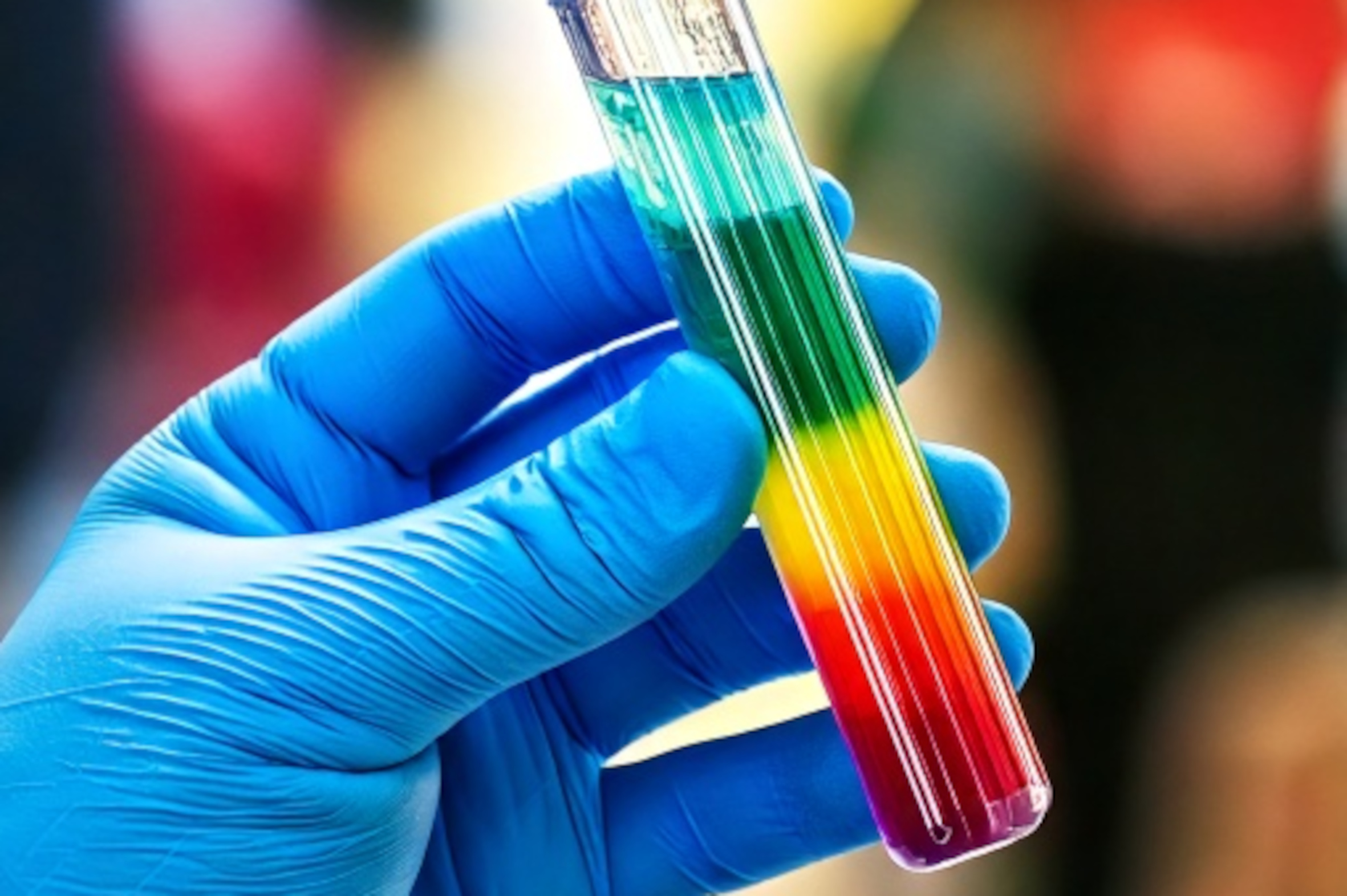 Reagenzglas mit regenbogenfarbiger Flüssigkeit