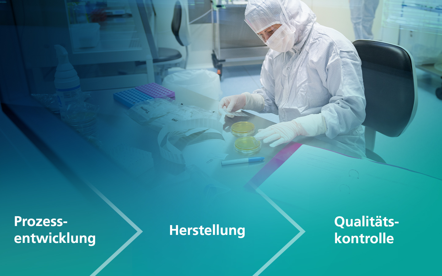 Fraunhofer IZI-Mitarbeitende arbeiten im Reinraum; Abbildung kombiniert mit Wertschöpfungskette