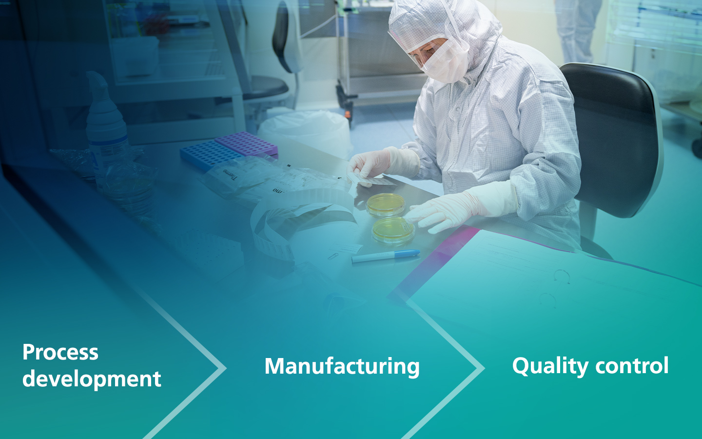 Fraunhofer IZI employee working in clean room; image combined with value chain