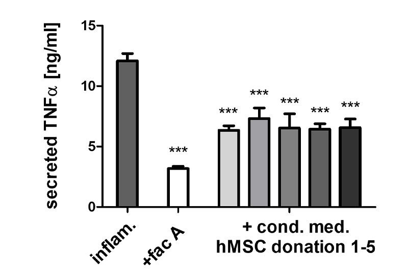 Inhibition of TNFα secretion of macrophages by secreted factors of immune-activated human mesenchymal stem cells.